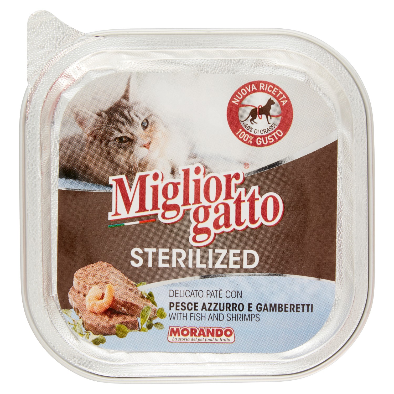 MIGLIORGATTO STERILIZED PRELIBATO PATE CON PESCE AZZURRO E GAMBERETTI 100 G