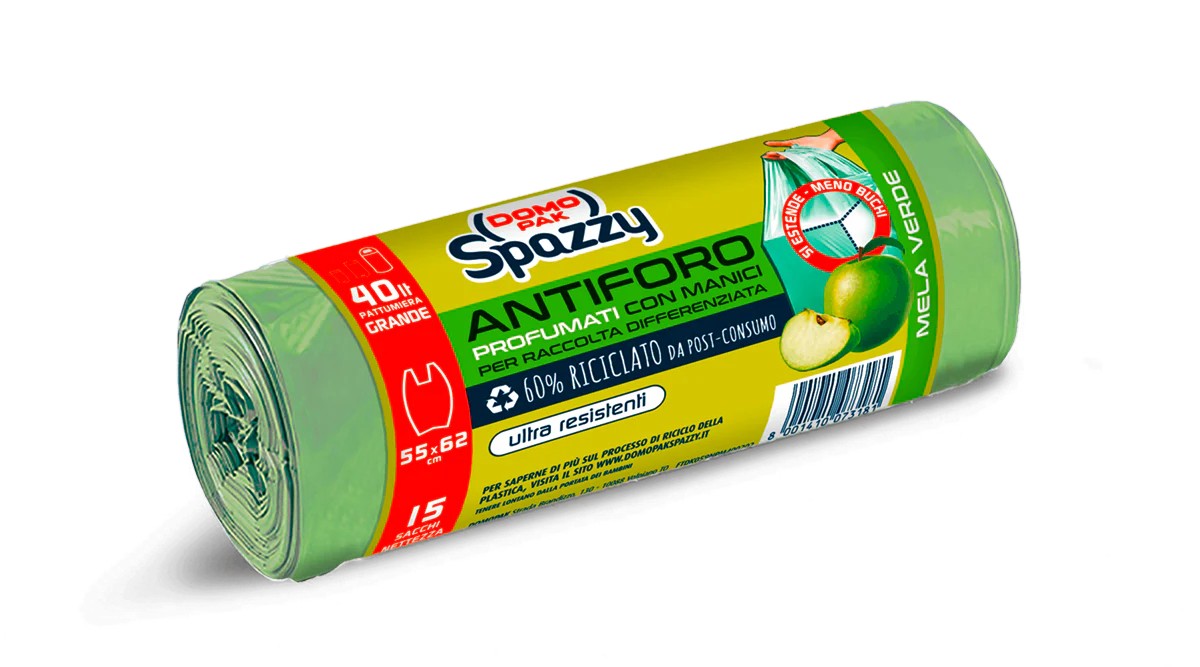 DOMOPAK SPAZZY ANTIFORO PROFUMATI CON MANICI - MELA    LAVANDA (40 LITRI - 15 SACCHI NETTEZZA)