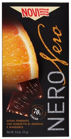 NOVI NERO NERO EXTRA FONDENTE CON SCORZETTE DI ARANCIA E MANDORLE 70% CACAO 75 G