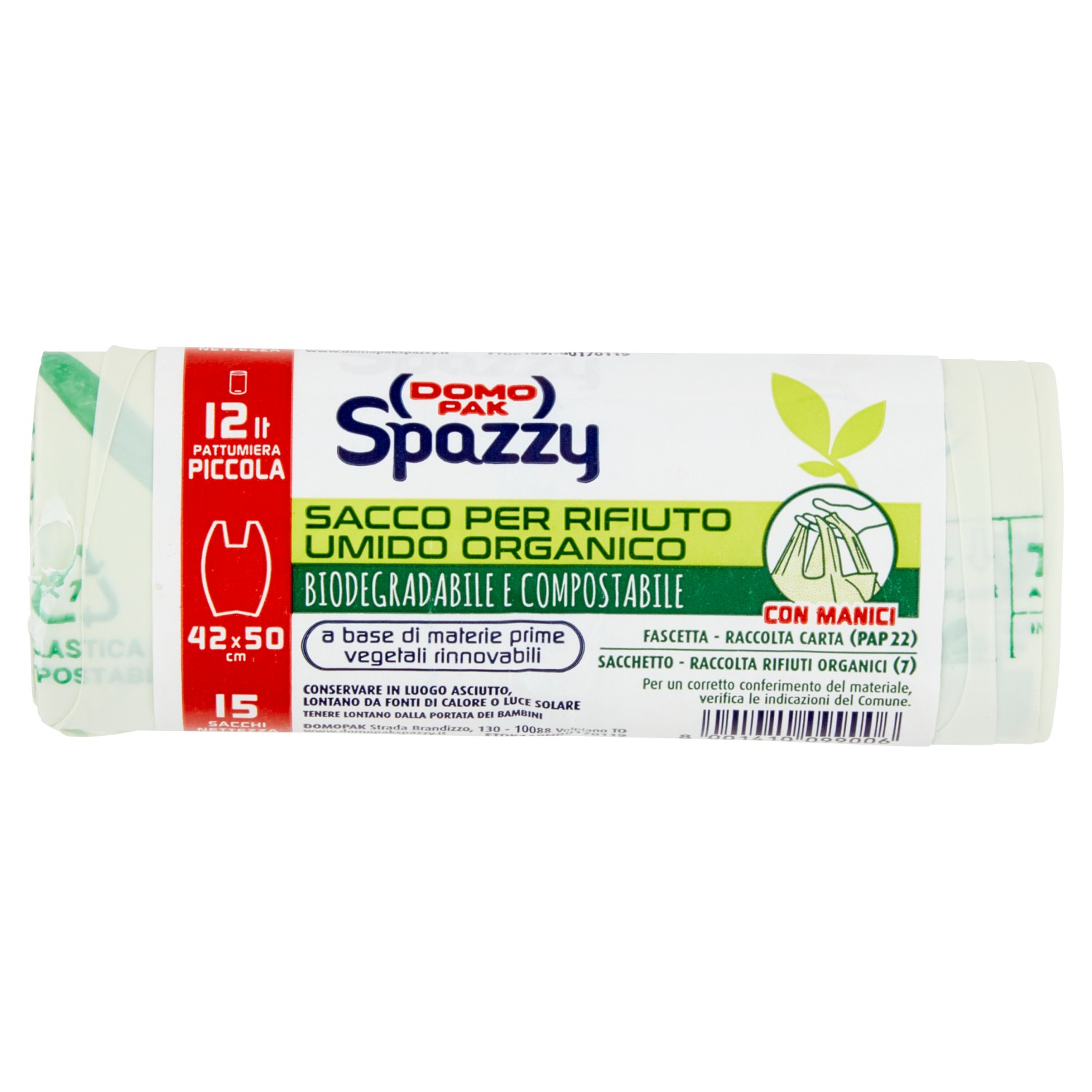 DOMOPAK SPAZZY SACCOVERDE 100% BIODEGRADABILE CON MANICI (12 LITRI - 15 SACCHI NETTEZZA)