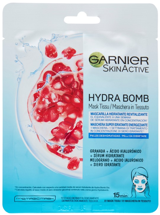 GARNIER SKINACTIVE HYDRA BOMB MASCHERA VISO IN TESSUTO SUPER IDRATANTE ENERGIZZANTE AL MELOGRANO
