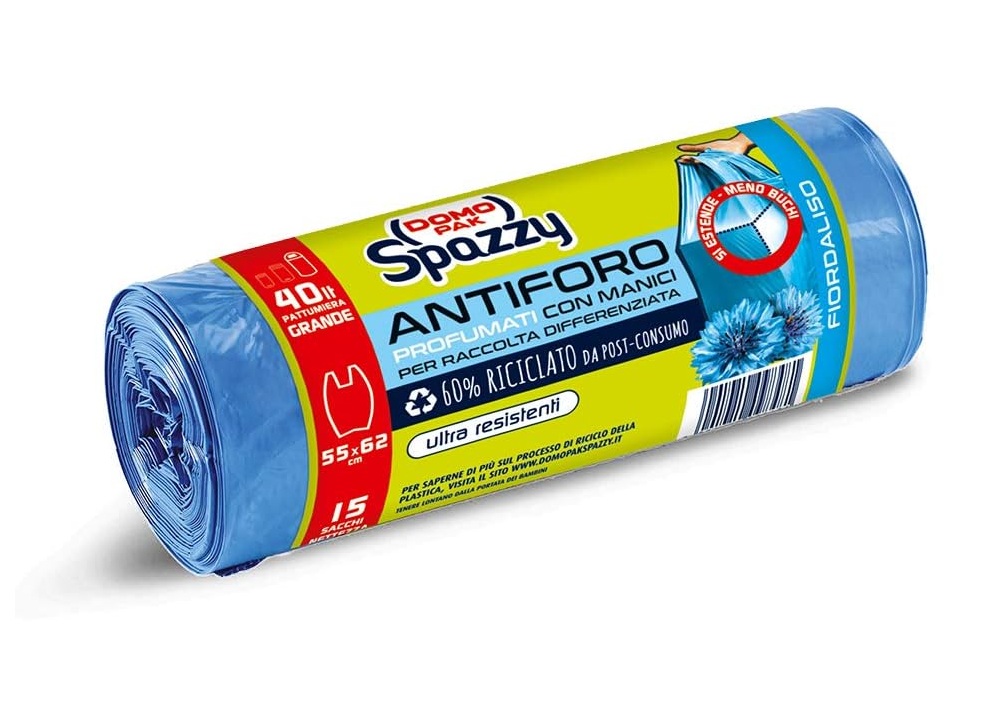 DOMOPAK SPAZZY ANTIFORO PROFUMATI CON MANICI           FIORDALISO (40 LITRI - 15 SACCHI NETTEZZA)